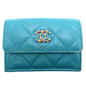 Chanel Coco Mark Tri-fold Wallet for Women, Leather, Turquoise (Blue)