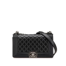 CHANEL Coco Mark Matelasse Boy Chanel 25 Crossbody Chain Shoulder Bag in Black Lambskin for Women