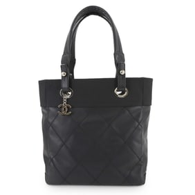 CHANEL Paris Biarritz PM Tote Bag, PVC, Nylon, Leather, Black, A34208, Silver Hardware