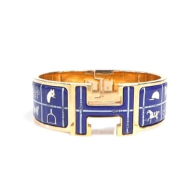 Hermes Hermès Click-Clack Bangle Bracelet in Metal, Enamel, Gold, Blue, and Off-White, Women's,