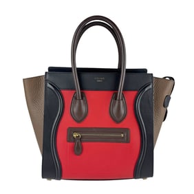Celine Luggage Micro Shopper Handbag in Red, Black, and Brown Leather, Women's, Z7460