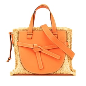 LOEWE Anagram Gate Top Handle Small Shoulder/Handbag, 2-Way, Orange/Beige Raffia Leather, Women's