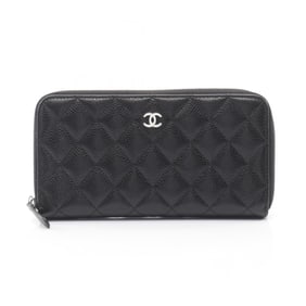 CHANEL Classic Long Zip Wallet, Matelasse Round Calfskin Leather, Women's, Black, AP0242