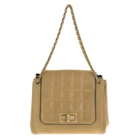 CHANEL Vintage 2.55 Chocolate Bar Turnlock Beige Lambskin Shoulder Bag with Gold Hardware and Chain,