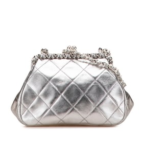 CHANEL Matelasse Coco Mark Clasp Chain Shoulder Bag in Silver Lambskin for Women