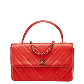 Chanel Chevron V-stitch Coco Mark Handbag/Shoulder Bag, 2-Way, Red Lambskin, Women's, CHANEL