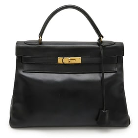 HERMES Kelly 32 Handbag with Inner Stitching, Box Calf Leather Scarf, Black, O-Stamped, Shoulder
