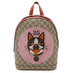GUCCI GG Supreme BOSCO Dog Appliqué Backpack in PVC and Leather, Beige Red, 495621