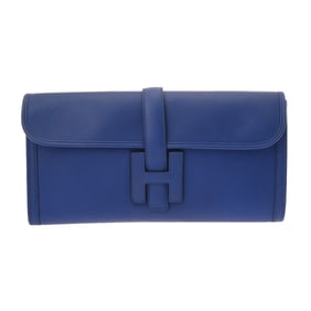HERMES Jige Elan Blue Saphir X Stamp (circa 2016) Unisex Swift Leather Clutch Bag