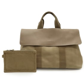 HERMES Valparaiso MM/PM Handbag/Tote Bag in Toile Chevron Leather and Etoupe