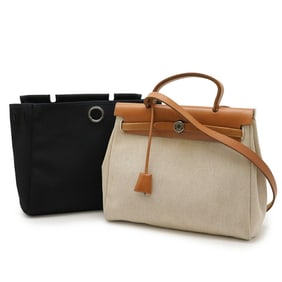 HERMES Hermès Air Bag PM Handbag/Shoulder in Toile H Officier Leather, Natural/Light Brown, with F