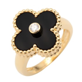 Van Cleef & Arpels Vintage Alhambra Ring, Onyx, 1 Diamond, 18K Yellow Gold, Women's, Black, Clear,