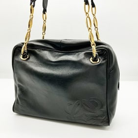 LOEWE Shoulder Bag in Black Anagram Embossed Nappa Leather with Chain