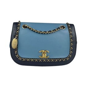 CHANEL Shoulder Bag Leather Blue/Navy Gold Women's Z5383
