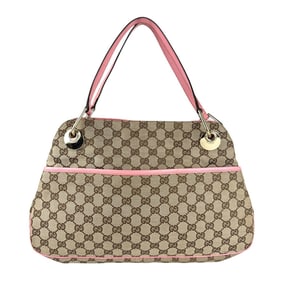 Gucci GG Canvas and Leather Shoulder Bag in Beige Brown, Pink, Gold, Women's, 121023 z7271