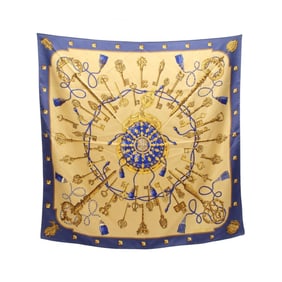 Hermès HERMES Carré 90 LES CLES Silk Scarf for Women, Blue, Beige, Gold