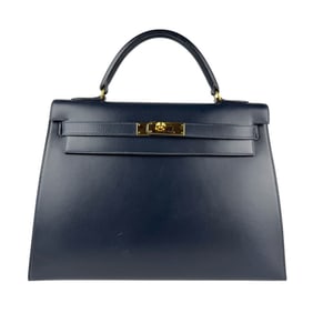 Hermes Hermès Kelly 32 Handbag/Shoulder Bag, Box Calf Leather, Blue Indigo and Gold, Women's, Z7315