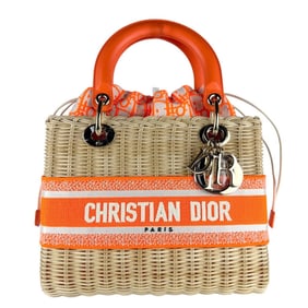 Christian Dior Lady Delight Handbag, Shoulder Bag, Basket Straw Leather Canvas, Neon Orange x