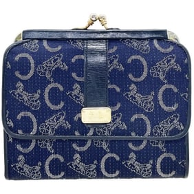 Celine C Macadam Canvas Leather Navy Blue Sulky Carriage Vintage Tri-fold Wallet TT-14877