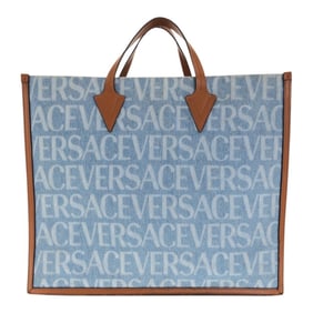 VERSACE All-Over Denim Blue and Brown Canvas Tote Bag 1008913 Women's Handbag