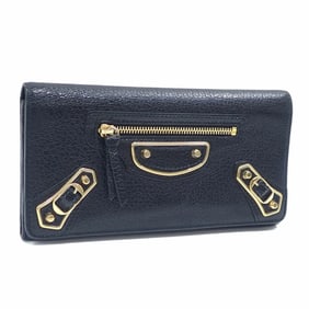Balenciaga Classic Continental Wallet, Women's, Black Leather, Metallic Edge Money, 390184