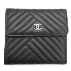CHANEL V-stitch compact wallet trifold Coco mark lambskin black