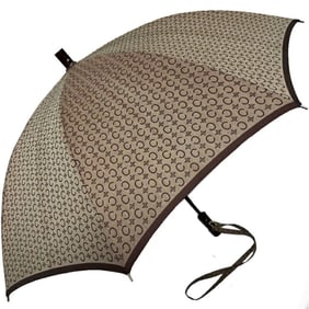 Celine Women's and Men's Long Umbrella, Rain or Shine, 8 Ribs, Wooden Handle, Brown, Macadam Pattern