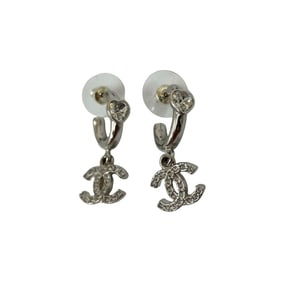 CHANEL Coco Mark Heart Motif Metal Rhinestone Earrings, Silver, 95534