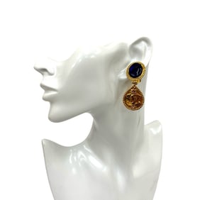 CHANEL Gripoa Coco Mark Color Stone Earrings Gold Blue 59896