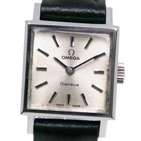 OMEGA Geneva watch, caliber 1070, stainless steel with embossed leather, manual winding, silver