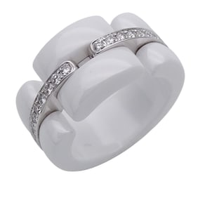 CHANEL Women's Ring, White Ceramic 750WG with Diamonds, Ultra White, Size #48, Polished