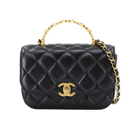 CHANEL Matelasse Top Handle Bag, 2-Way Hand Chain Shoulder Bag in Black Lambskin