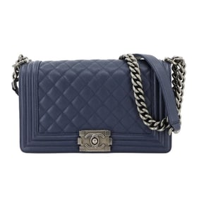CHANEL Boy Chanel Chain Shoulder Bag in Navy Caviar Leather with Silver Hardware (A67086)