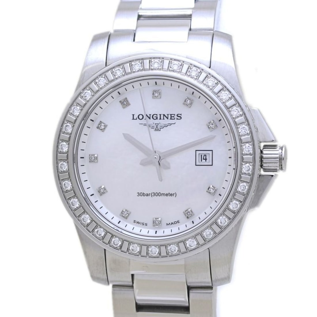LONGINES Conquest L3.258.0.88.6 White Shell 11-Piece Diamond Bezel Women's Watch, Stainless Steel,: --- Catalog ---Category: SizeWrist Size: 18.5cm / 7.28''Case Diameter: 29mm / 1.14''Category: DesignType: WristwatchGender: WomenColor (Dial): White shellMaterial (Band): Stainless steelMaterial (Case