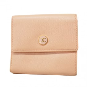 Chanel Tri-fold Wallet with Coco Button, Leather, Pink Beige, Women's