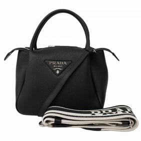 Prada Flue Vitello Dino Leather Handbag in Black, 2-Way Bag for Women