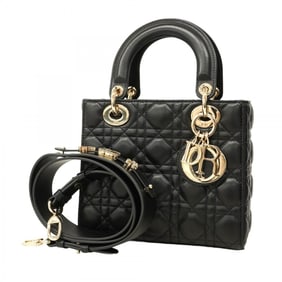 Christian Dior Cannage Lady Handbag, Black Champagne Leather, 2-Way Bag for Women