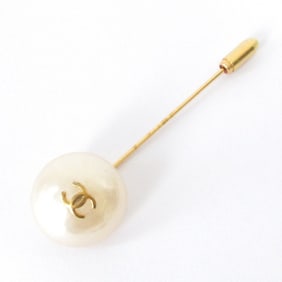93P CHANEL Vintage Pearl Coco Mark Pin Brooch, Gold Color, Women's