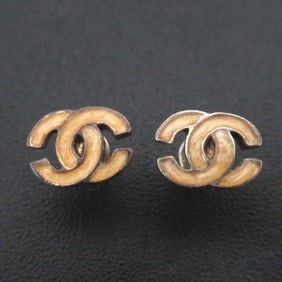 CHANEL 00T Coco Mark Stud Earrings, Silver with Pink Beige, Women's