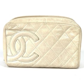 CHANEL Cambon CC Coco Mark Logo Makeup Pouch, Multi-Pouch, Leather, Women's, White