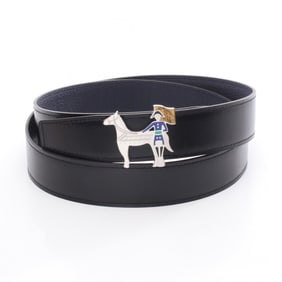 Hermes Hermès Horse Motif Buckle Belt, Calfskin Togo Box Calf Leather, Men's, Black and Navy