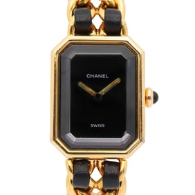 CHANEL Premiere M Watch, GP (Gold Plated), Leather, Women's, Black, H0001