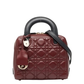 Christian Dior Dior Cannage Lady Lily Classic Handbag/Shoulder Bag, 2-Way, Bordeaux, Black Leather,