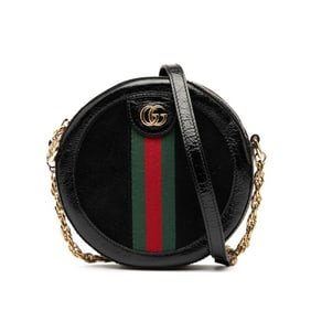 Gucci Ophidia GG Marmont Mini Round Chain Shoulder Bag 550618 in Black Patent Leather and Suede.