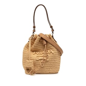 Prada Triangle Logo Plate Bucket Bag, Handbag/Shoulder 2-Way, 1BE068, Natural Beige, Raffia Leather,