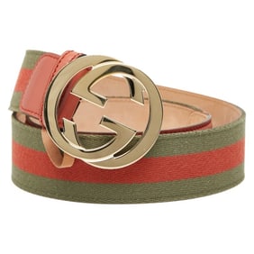 Gucci Interlocking G Belt 85.34 114876 Khaki Pink Leather Canvas Men's GUCCI