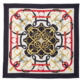 Hermes Hermès Carré 90 Eperon d'Or Golden Spur Scarf, White, Navy, Multicolor, Silk, Women's