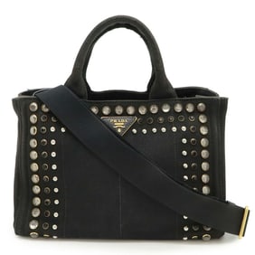 PRADA CANAPA Tote/Shoulder Bag in Black Canvas with Beaded Studs (NERO, 1BG439)