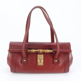 Gucci Bamboo 114993 Leather Shoulder Bag Red Tote Handbag Women's