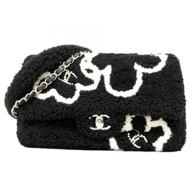 Chanel Camellia Shoulder Bag with Double Chain, Mouton, Black and White, Women's, P1744078